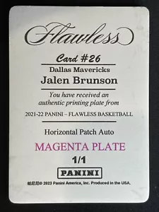 1/1 JALEN BRUNSON 2021-22 Panini Flawless NBA Basketball Magenta Printing Plate - Picture 1 of 2