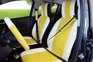 UNNIE UNIVERSAL WHITE/YELLOW LEATHER-LIKE FRONT SEAT & SEAT BELT COVERS with SWC - Picture 1 of 6