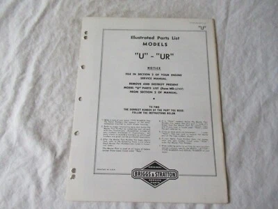 Briggs & Stratton U UR engine parts list catalog manual - Image 1 of 3