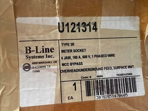 Cooper B-Line U121314F 100 Amp 600 VAC 1 Phase Commercial Meter Socket N3R 4 Jaw - Picture 1 of 3