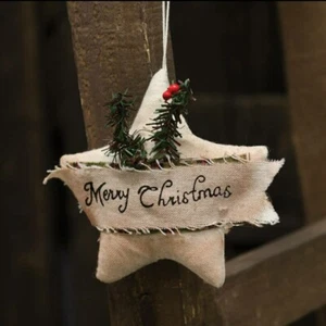 Primitive Merry Christmas Linen Star Ornament sprig of greenery, red pip berries - Picture 1 of 2