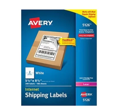 1000 Avery Shipping Labels TrueBlock 5 1/2 x 8 1/2 White 5 PACK 200 Labels Each