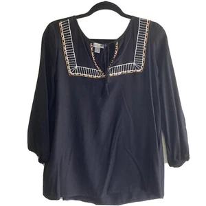 Camisa túnica negra campesina boho S P azul marino antigua para mujer borla bordada - Imagen 1 de 5