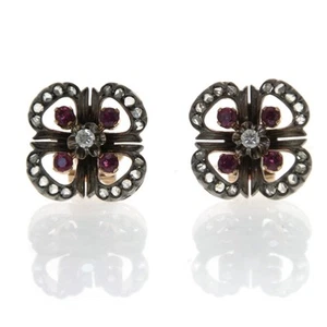 Handmade Pair of 18k Yellow Gold and Silver Diamond and Ruby Earrings - Picture 1 of 4