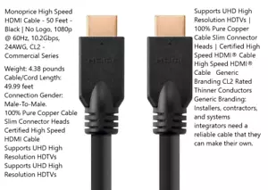 Monoprice High Speed HDMI Cable 50ft, Black, 1080p @ 60Hz, 10.2Gbps, 24AWG, CL2 - Picture 1 of 2