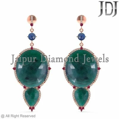 Esmeralda Natural Rubí Zafiro Diamante Auténtico 14k Oro Rosa Pendientes Joyería - Imagen 1 de 4