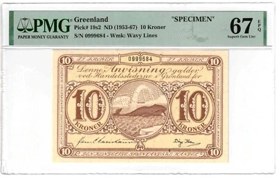 GROENLANDIA 1953 - 1967 ESPÉCIMEN 10 CORONAS. PMG-67EPQ. ESCASO. TOP POP 2/0. P-19s2 Foto 1 de 3