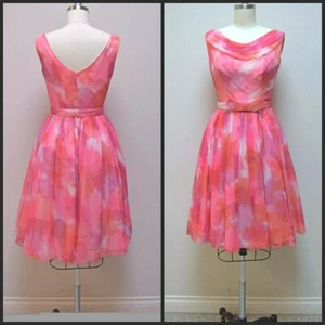 VINTAGE Hot Fuchia Pink Orange Silk Chiffon Party Dress w Crinoline Slip ~XS~ - Picture 1 of 10