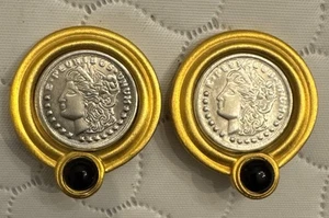 Vtg Etruscan Earrings Greek Roman Coin Clip On Brushed Matte Gold 1.5” - Picture 1 of 2