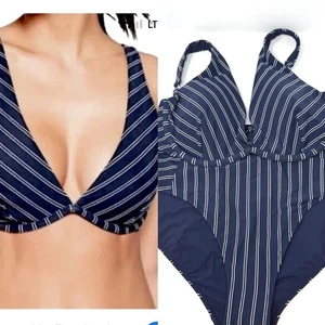 Bikini Athleta French Stripe 36 D/DD vita alta blu bianco taglia large - Foto 1 di 12
