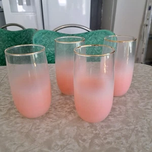 Vintage 1950's Mid-Century Frosted Pink Blendo Glasses Set Of 4 MCM 4pc - Picture 1 of 6