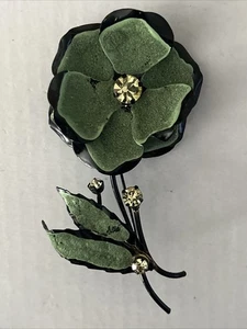 Vintage Flower Brooch Pin Black & Green w/ RHINESTONES LONG VTG - Picture 1 of 7