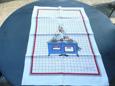 torchon ancien vintage en lin à décors de cuisinière - Photo 1/4