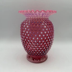 Fenton Cranberry Opalescent Hobnail Flared Ruffled Rim Vase - Picture 1 of 8