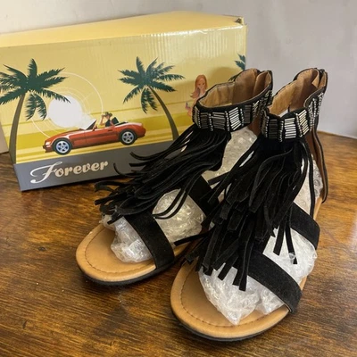 FOREVER Black Flat Sandals Bohemian Gladiator Tassel Fringe Metallic Detail Sz 9 - Image 1 of 4