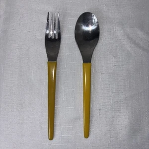 Posate vintage Imperial I. K. Co MCM inox 1 cucchiaio manico giallo 1 forchetta - Foto 1 di 4