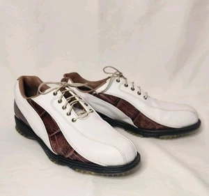 Scarpe da golf FJ FootJoy ICON da uomo con sella in pelle marrone e bianca Croc 9,5 - Foto 1 di 13