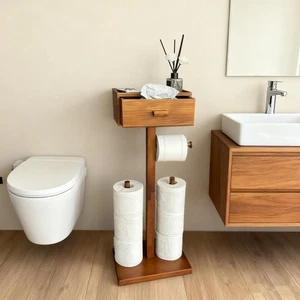 Freestanding Bathroom Toilet Paper Holder Stand with Shelf, Wood Toilet Paper... - Foto 1 di 6