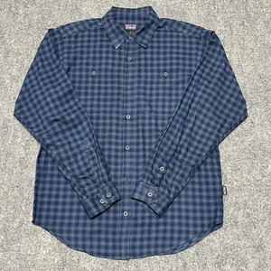 Camisa de franela Patagonia para hombre pequeña azul a cuadros algodón orgánico con botones - Imagen 1 de 14