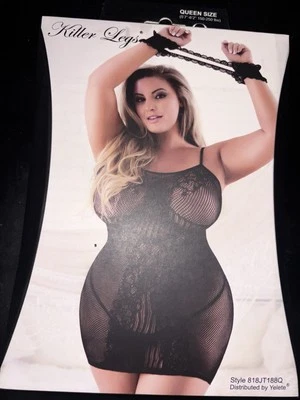 Black Killer Legs Queen Plus Sz 1X 2X Fishnet Body Suit Stocking Sheer Lingerie - Image 1 of 3