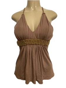 Sky Top Blouse Sleeveless Gold Chain Belt Embellished Tan Brown V Neck Braid XS - Picture 1 of 6