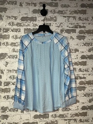 ¡NUEVO! Nueva Blusa Top Exclusiva Everyday Azul Manga a Cuadros Encaje Negra - Talla XL Foto 1 de 4