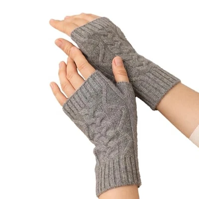 100% Pure Cashmere Fingerless Gloves for Women, One Size Ladies Knitted Gray - Image 1 of 4