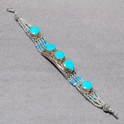 Браслет ювелирный непальский богемный ручной работы из тибетской бирюзы 7 дюймов SR 3333 - Изображение 1 из 4