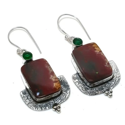 Bloodstone, Diopside Gemstone 925 Sterling Silver Jewelry Earring 2.32" v839 - Image 1 of 2