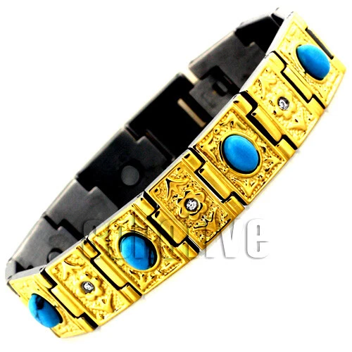 Pulsera STMB3065 Chapada en Oro Titanio Magnético Turquesa Cuentas 8 1/8"x5/8" Foto 1 de 1