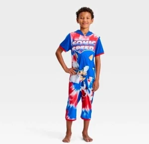 Boys Sonic the Hedgehog One Piece Pajamas Hoodie Union Suit Costume 4 6 8 10 NWT - Picture 1 of 6