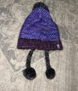 The North Face Girls Youth Beanie Hat Purple Multi One Size Braided Pom - Picture 1 of 3