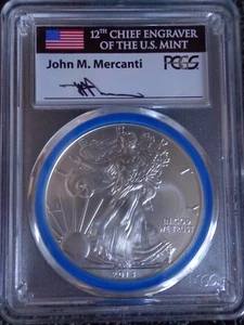 2014 W BURNISHED SILVER EAGLE PCGS MS70 JOHN MERCANTI MINT ENGRAVER SERIES BLUE - Picture 1 of 2