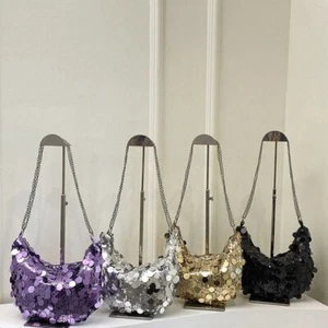 Shiny Evening Clutch Bag Glitter Chain Crescent Bag Dinner - Picture 1 of 16