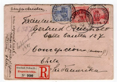 GERMANY 1905 Gmund to Concepcion Chile small registered cover must see - Image 1 of 2