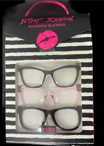 Betsey Johnson Cat eye clear pink & black frame reading glasses 3 pack +1.50 NEW - Picture 1 of 3