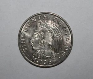 X Nice Rare Uncirculated 1965 Mexico 50 Cincuenta Centavos US Quarter Size Coin - Picture 1 of 2
