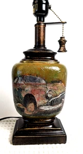 Lamp – Upcycled Rustic Man Cave Decor Old Car Collage Art - Picture 1 of 10