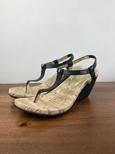 Chaps Raevyn T-Strap Cork Wedge Thong Sandals Black Open Toe Women’s Size 10B - Picture 1 of 12