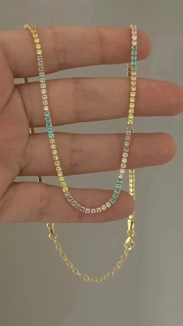 Collar Tenis Zafiro Multicolor Creado en Laboratorio Redondo 9Ct Chapado en Oro Amarillo 14K Foto 1 de 4