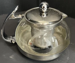 Small Glass Teapot w/Strainer 1-Cup Chrome Round Short *handle repaired* - Picture 1 of 7