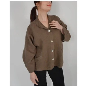 Bryn Walker Women's Sz L Brown Linen Top Button Front Relaxed Danita Jacket - Picture 1 of 12