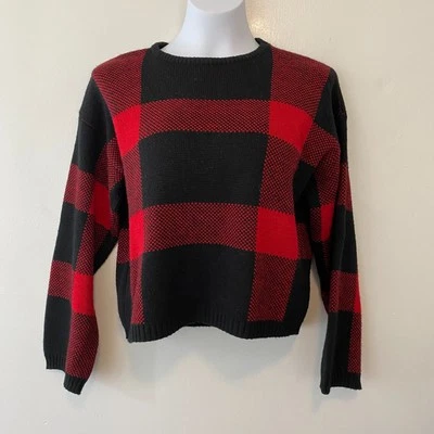 Vintage 90s Jones New York Red Black Buffalo Plaid Cropped Sweater Womens Medium - Image 1 of 4