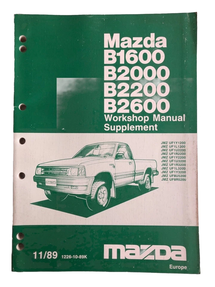 Mazda B1600 B2000 B2200 B2600 Workshop Manual Supplement Factory Original 1989 - Image 1 of 4