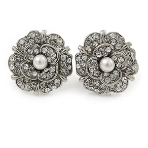 Clear Crystal Flower Stud Earrings In Rhodium Plated Metal - 20mm D - Picture 1 of 6