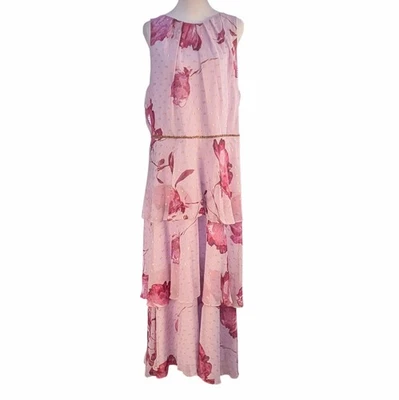 Ignite Evenings Floral Tiered Maxi Dress Size 18 Pink Lilac Gold Bead Brocade - Image 1 of 4
