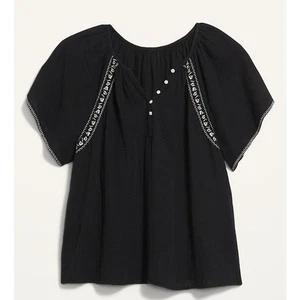 Old Navy Flatterärmel Baumwollbluse schwarz bestickt fließend Gr. L Large - Bild 1 von 8