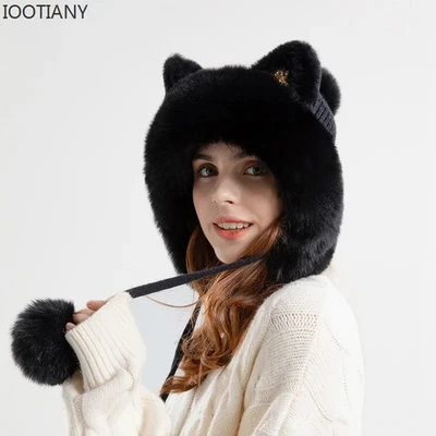 Invierno Moda Piel Bola Cien Sombreros Para Mujer Dibujos Animados Oreja de Gato Gorra de Terciopelo Foto 1 de 4