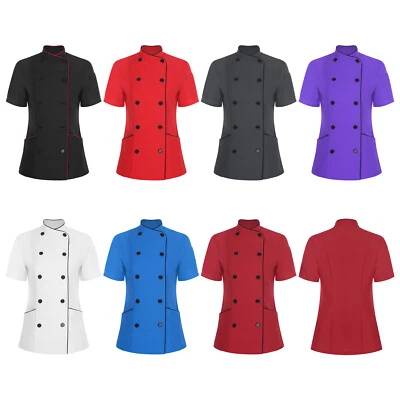 Women Coat Breathable Tops Cooking Jacket Cafe Chef Contrast Color Short Sleeve - Image 1 of 4