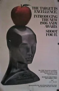 POSTER PREMIO ORIGINALE 1986 "ANDY" CLUB PUBBLICITARIO DI NEW YORK 45" X 29 3/4" - Foto 1 di 1